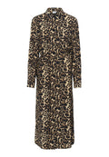 Leopardenmuster Hemdkleid in Beige und Schwarz, mit Kragen, langen Ärmeln, Taillengürtel und geradem Schnitt. Texturiertes Material mit Knopfverschluss.