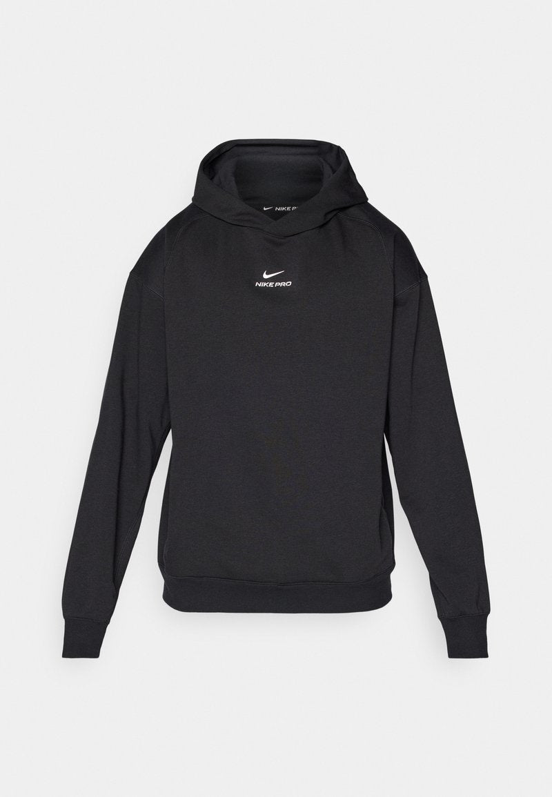 Schwarzer Nike Pro Hoodie mit einem Pulloverdesign, langen Ärmeln und einem Logo auf der Vorderseite. Hergestellt aus glattem Material mit einer lockeren Passform.