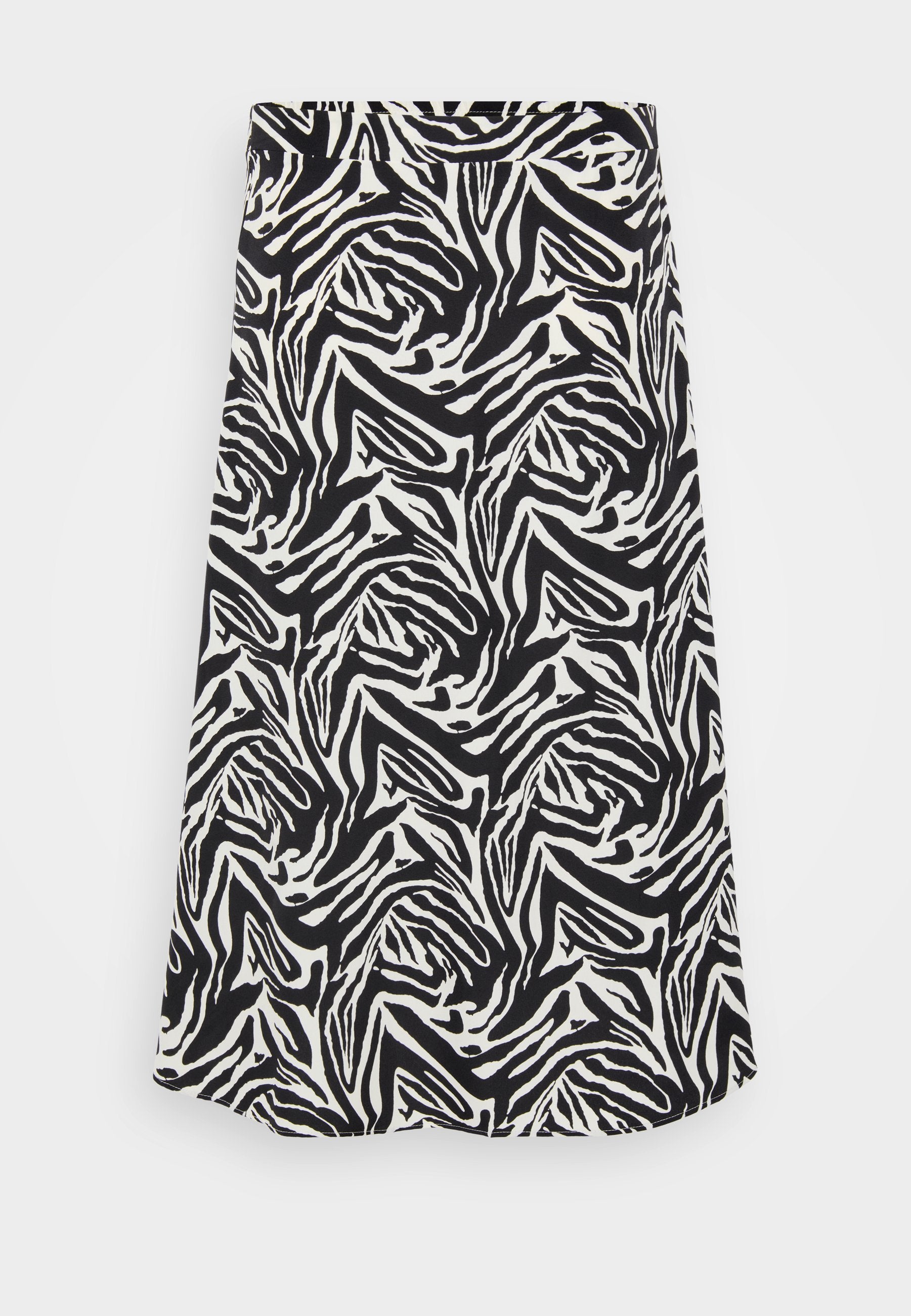 Schwarzer und weißer Rock mit einem wirbelnden Zebra-Muster, mit geradem Schnitt und Saum. Hergestellt aus einem glatten, leichten Stoff.