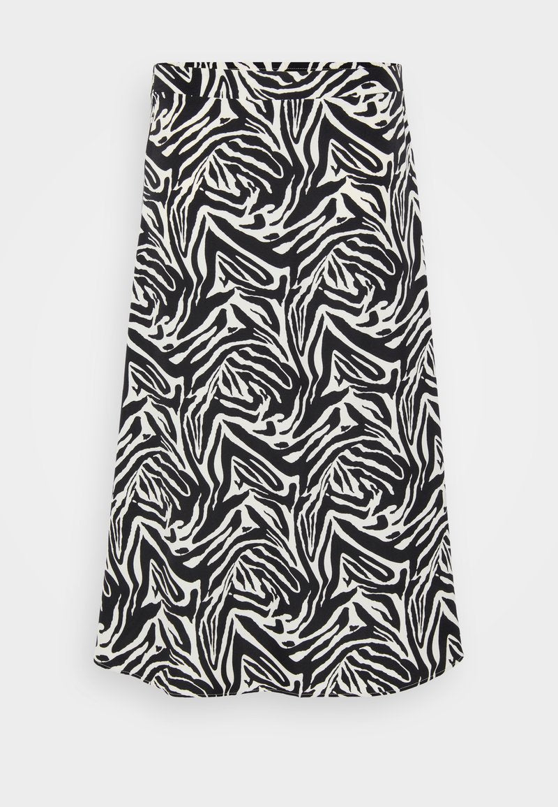 Schwarzer und weißer Rock mit einem wirbelnden Zebra-Muster, mit geradem Schnitt und Saum. Hergestellt aus einem glatten, leichten Stoff.