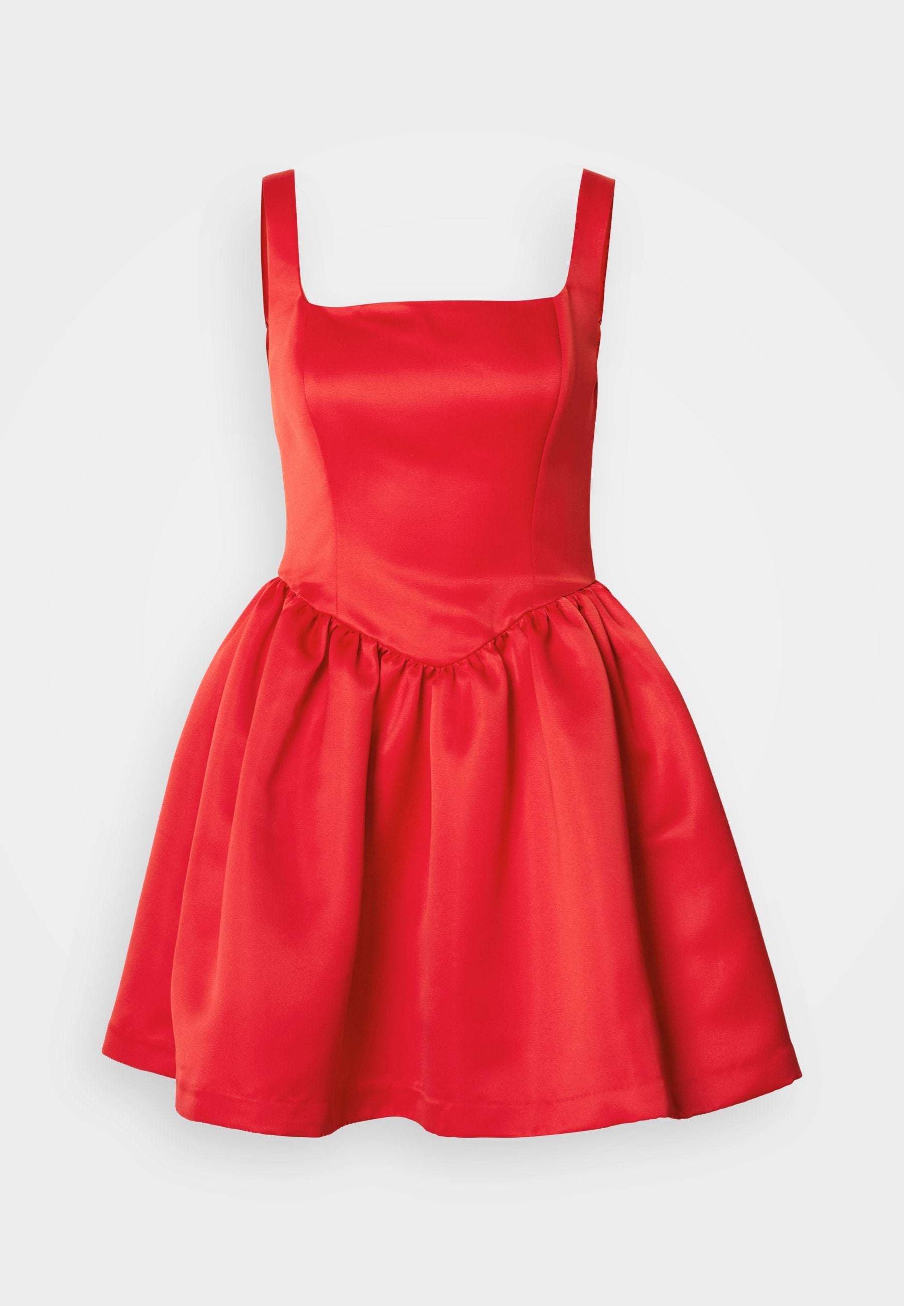 Rotes Satin-Kleid mit quadratischem Ausschnitt, tailliertem Oberteil und ausgestellt, gerafftem Rock. Glatte текстur und keine sichtbaren Verzierungen.