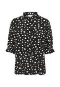 Schwarze Kurzarm-Bluse mit weißen Pinselstrichmotiven, ausgestattet mit kurzen Puffärmeln und einem strukturierten Kragen. Glattes Material mit lockerer Passform.