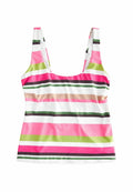 Gestreiftes Tanktop mit breiten horizontalen Linien in Pink, Grün, Weiß und Braun. Hergestellt aus einem glatten, leichten Stoff mit breiten Trägern.