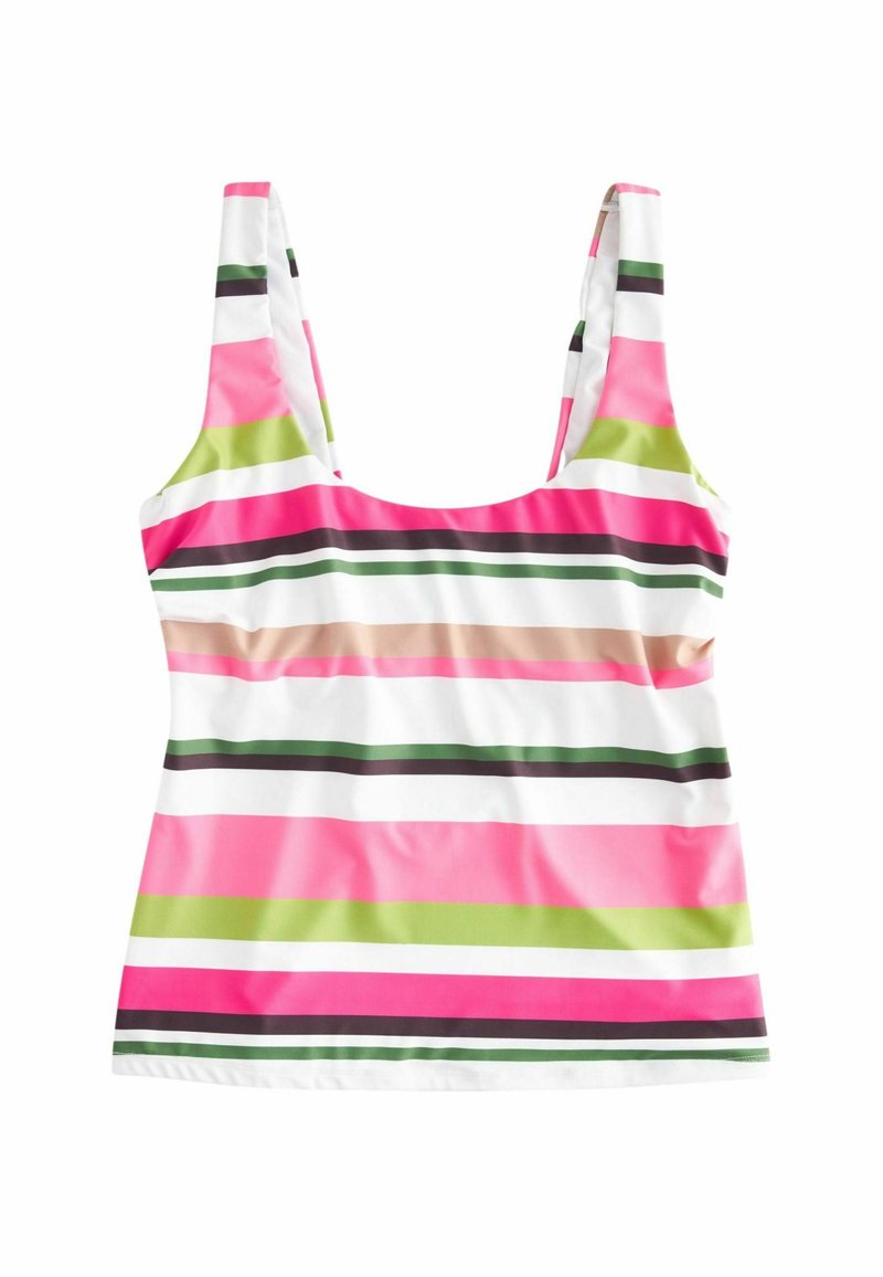 Gestreiftes Tanktop mit breiten horizontalen Linien in Pink, Grün, Weiß und Braun. Hergestellt aus einem glatten, leichten Stoff mit breiten Trägern.