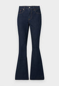 Dunkelblaue Jeans aus Denim mit hoher Taille, vorderer Knopfleiste und Reißverschluss, klassischem Fünf-Taschen-Stil und ausgestellten Beinen.