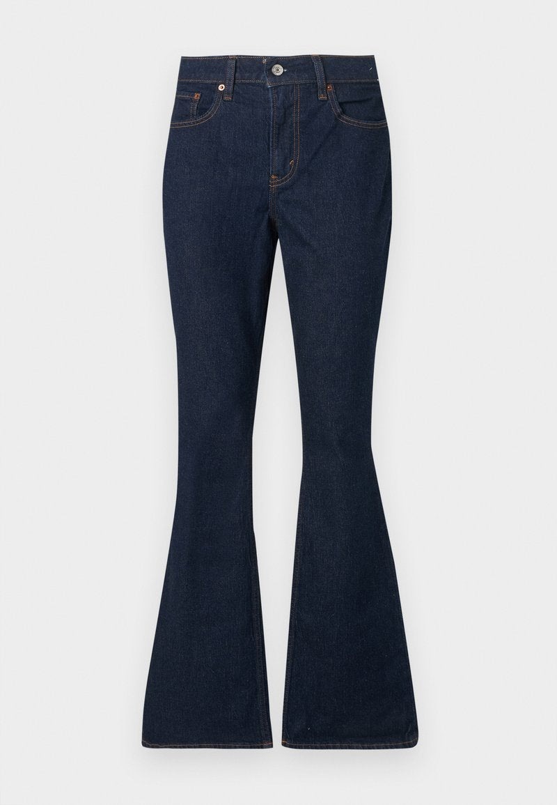 Dunkelblaue Jeans aus Denim mit hoher Taille, vorderer Knopfleiste und Reißverschluss, klassischem Fünf-Taschen-Stil und ausgestellten Beinen.