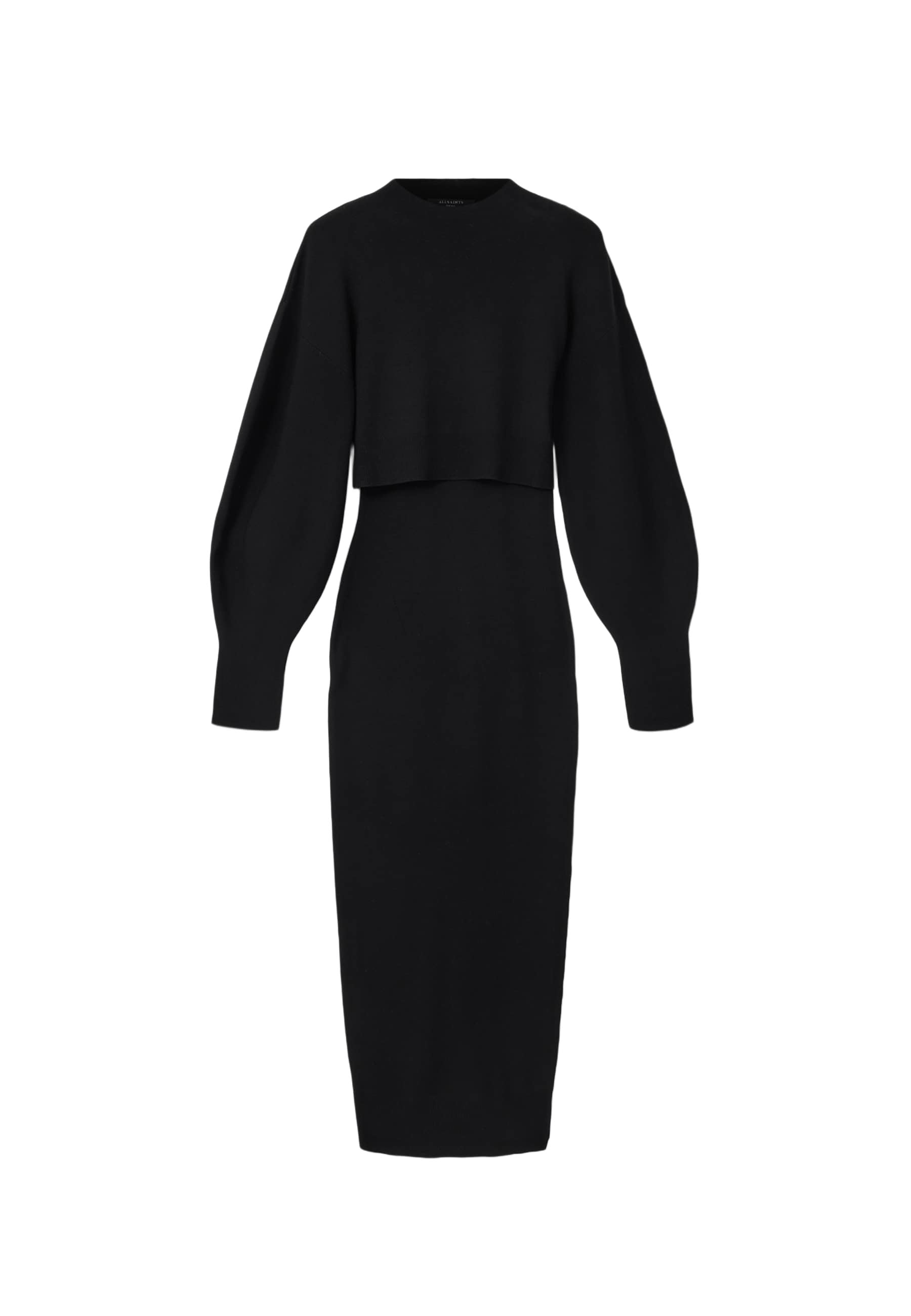 Schwarzes Strickkleid mit figurbetonter Silhouette, kurzen langen Ärmeln und hohem Ausschnitt, mit glatter Textur und knöchellangem Design.