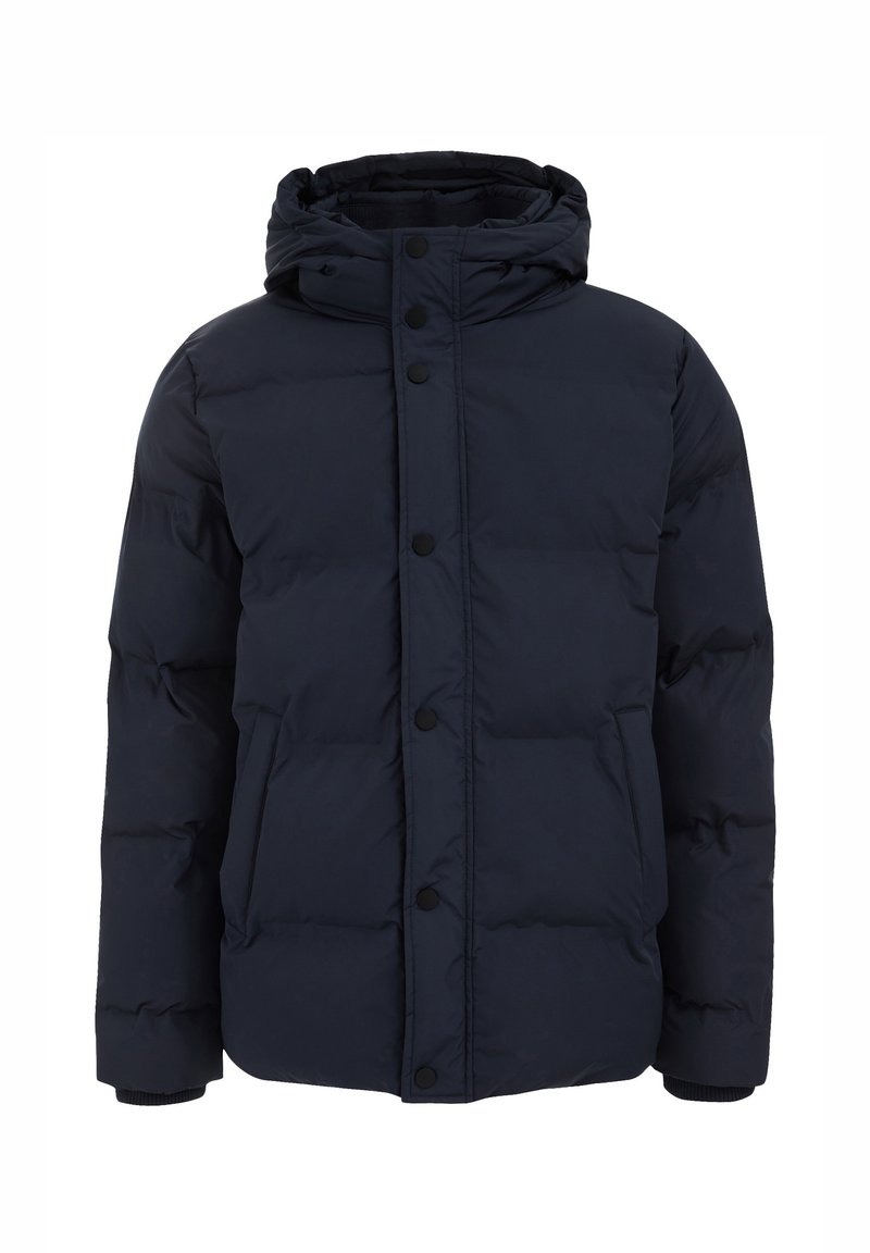 Marineblaue Daunenjacke mit Kapuze, ausgestattet mit einem gesteppten Design, Frontknöpfen und Seitentaschen. Glatte Textur mit elastischen Bündchen.
