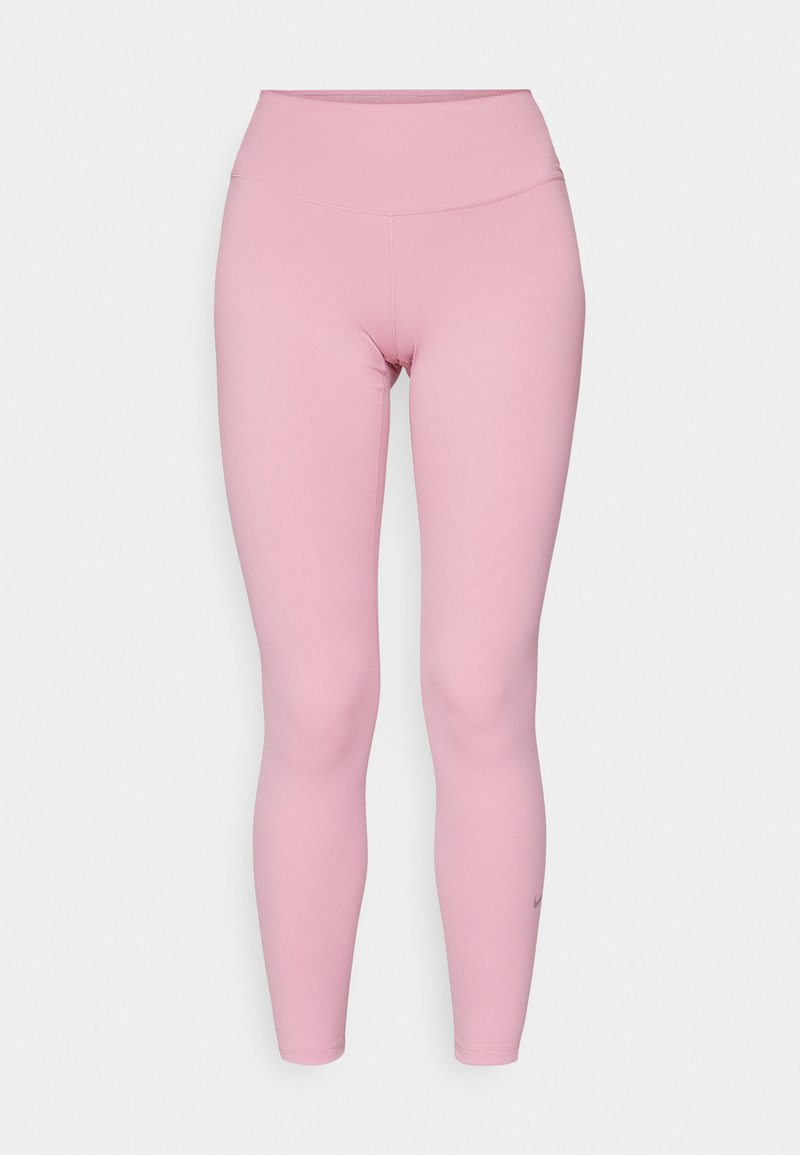 Rosa Leggings mit hohem Bund, aus glattem, dehnbarem Material gefertigt. Hat minimale Nahtdetails und einen kleinen Logoakzent.
