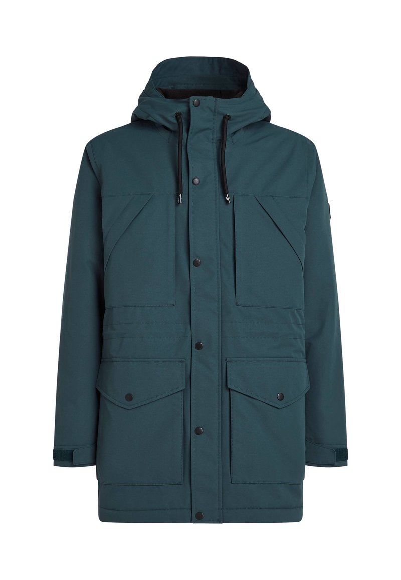 Türkisfarbene Parkajacke mit Kapuze, vorderen Druckknöpfen und zwei großen Brusttaschen. Hergestellt aus einem glatten, wasserabweisenden Material.