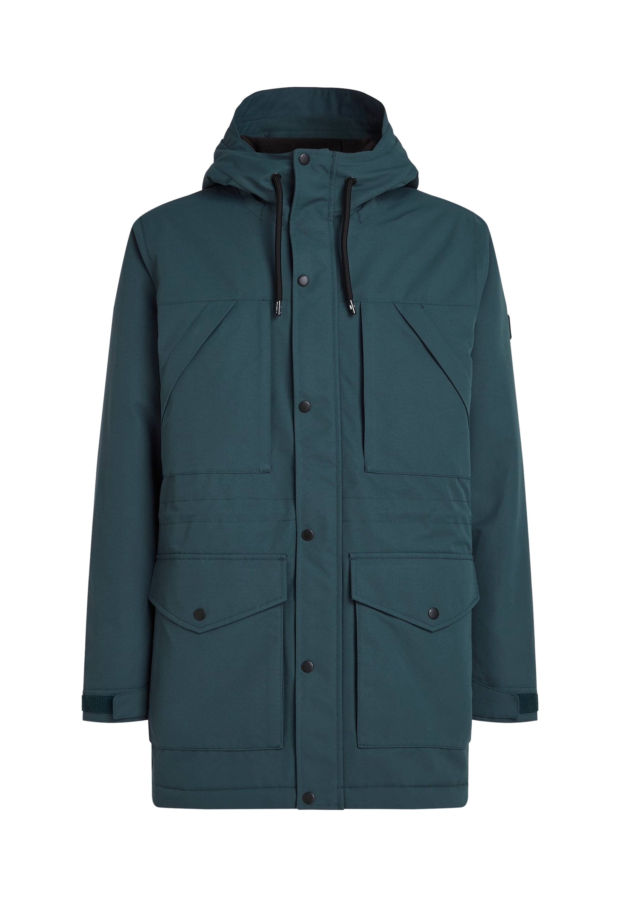 Türkisfarbene Parkajacke mit Kapuze, vorderen Druckknöpfen und zwei großen Brusttaschen. Hergestellt aus einem glatten, wasserabweisenden Material.