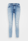 Hellblaue Jeans im Skinny-Fit, mit abgeschabten Bereichen und rohen Säumen. Sie verfügen über fünf Taschen sowie einen Knopf- und Reißverschluss.