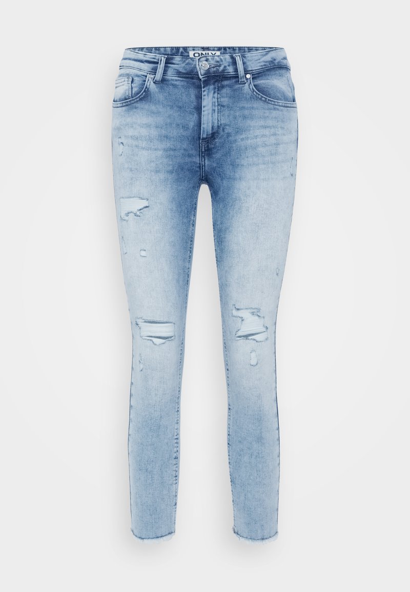 Hellblaue Jeans im Skinny-Fit, mit abgeschabten Bereichen und rohen Säumen. Sie verfügen über fünf Taschen sowie einen Knopf- und Reißverschluss.