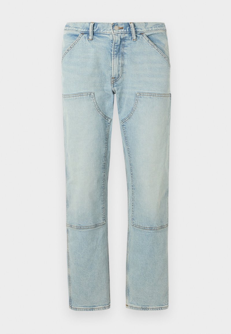 Helle blaue Denim-Jeans mit geradem Bein, ausgestattet mit aufgesetzten Taschen und einem ausgewaschenen Finish. Knopfverschluss an der Taille, standardmäßige Gürtelschlaufen.