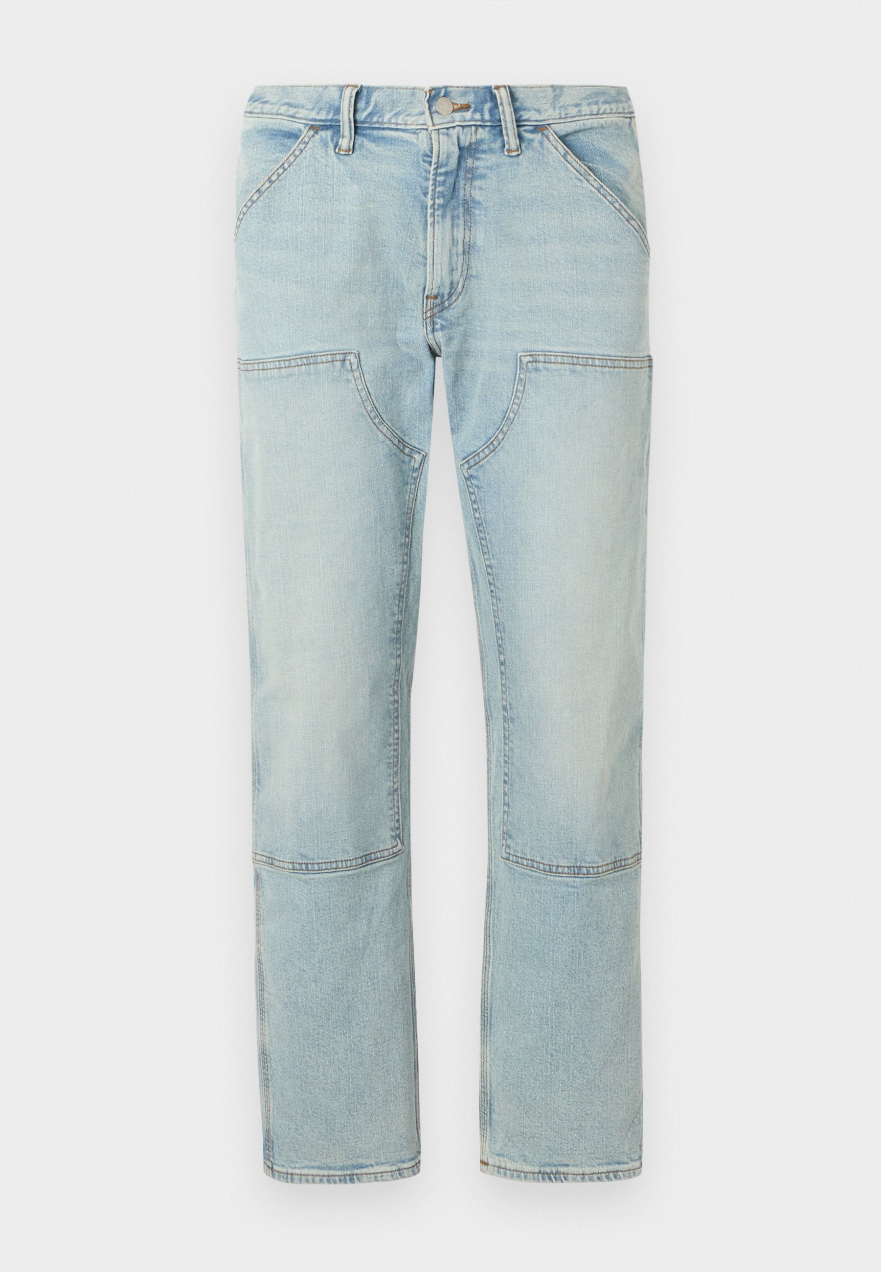 Helle blaue Denim-Jeans mit geradem Bein, ausgestattet mit aufgesetzten Taschen und einem ausgewaschenen Finish. Knopfverschluss an der Taille, standardmäßige Gürtelschlaufen.