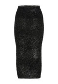 Schwarzer Midi-Rock aus strukturiertem, flauschigem Material. Enganliegende Passform mit hoher Taille und weicher, schimmernder Oberfläche. Keine Muster oder Hardware.