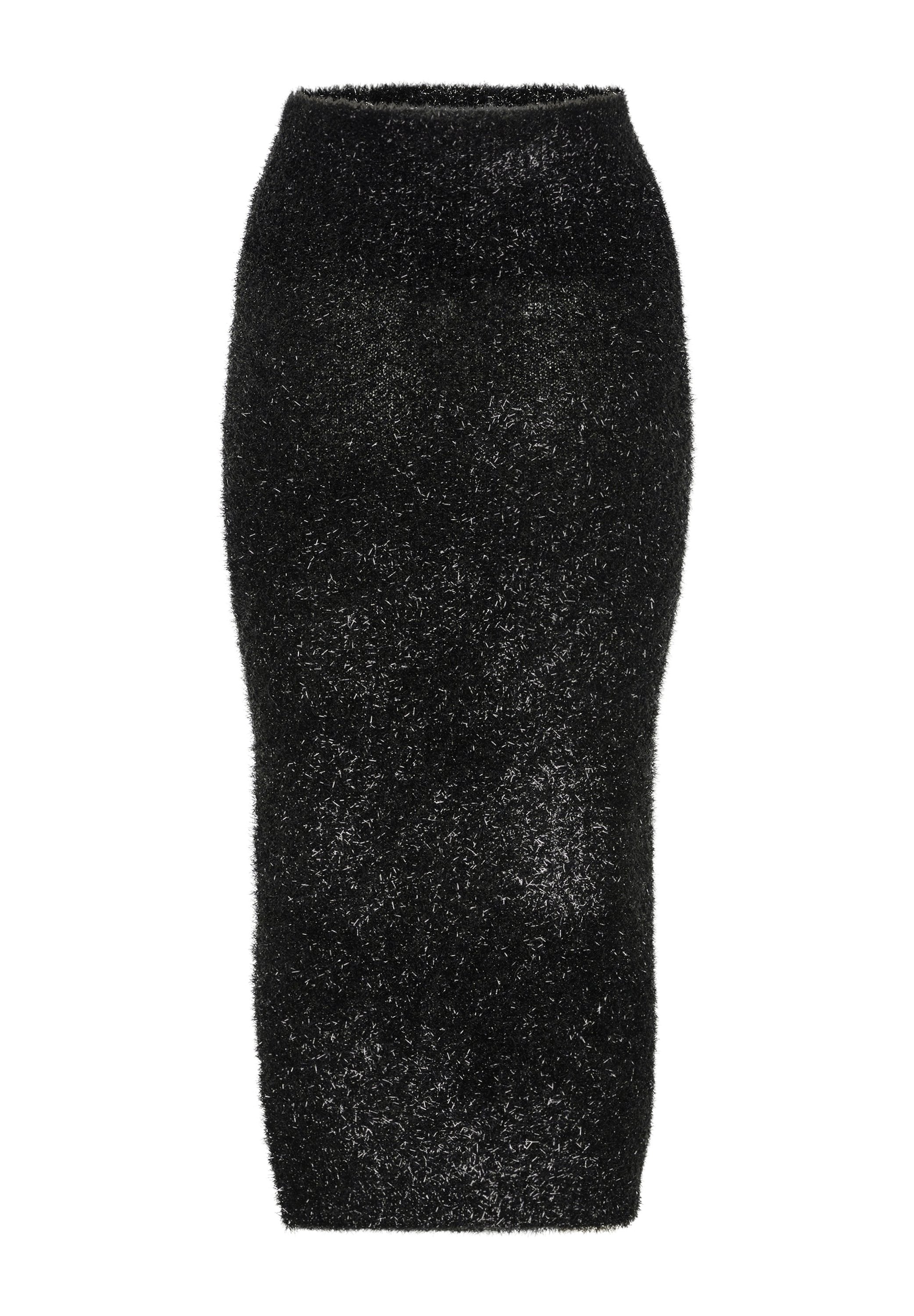 Schwarzer Midi-Rock aus strukturiertem, flauschigem Material. Enganliegende Passform mit hoher Taille und weicher, schimmernder Oberfläche. Keine Muster oder Hardware.