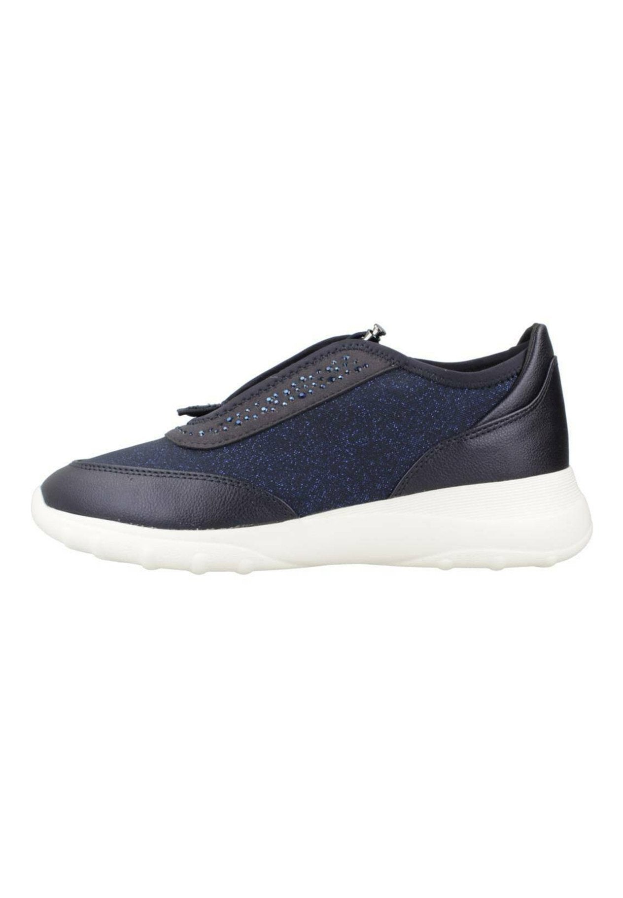 Navyblaue und schwarze Slippers mit weißer Sohle, Reißverschluss und kleinen blauen dekorativen Strasssteinen an der Seitenfläche.