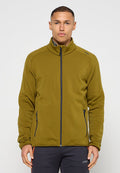 Olivgrüne Fleecejacke mit hohem Kragen, durchgehendem Reißverschluss und seitlichen Reißverschlusstaschen. Weiche Textur mit kontrastierenden schwarzen Beschlägen.