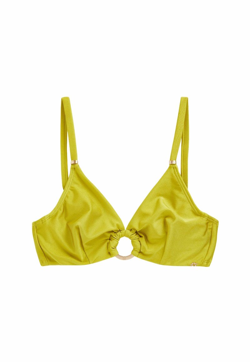 Dreieckiger Bikini-Oberteil aus leuchtend limegrünem Stoff; geraffte Mitte mit einem goldenen, runden Akzent; schlanke, verstellbare Träger für eine optimale Passform.