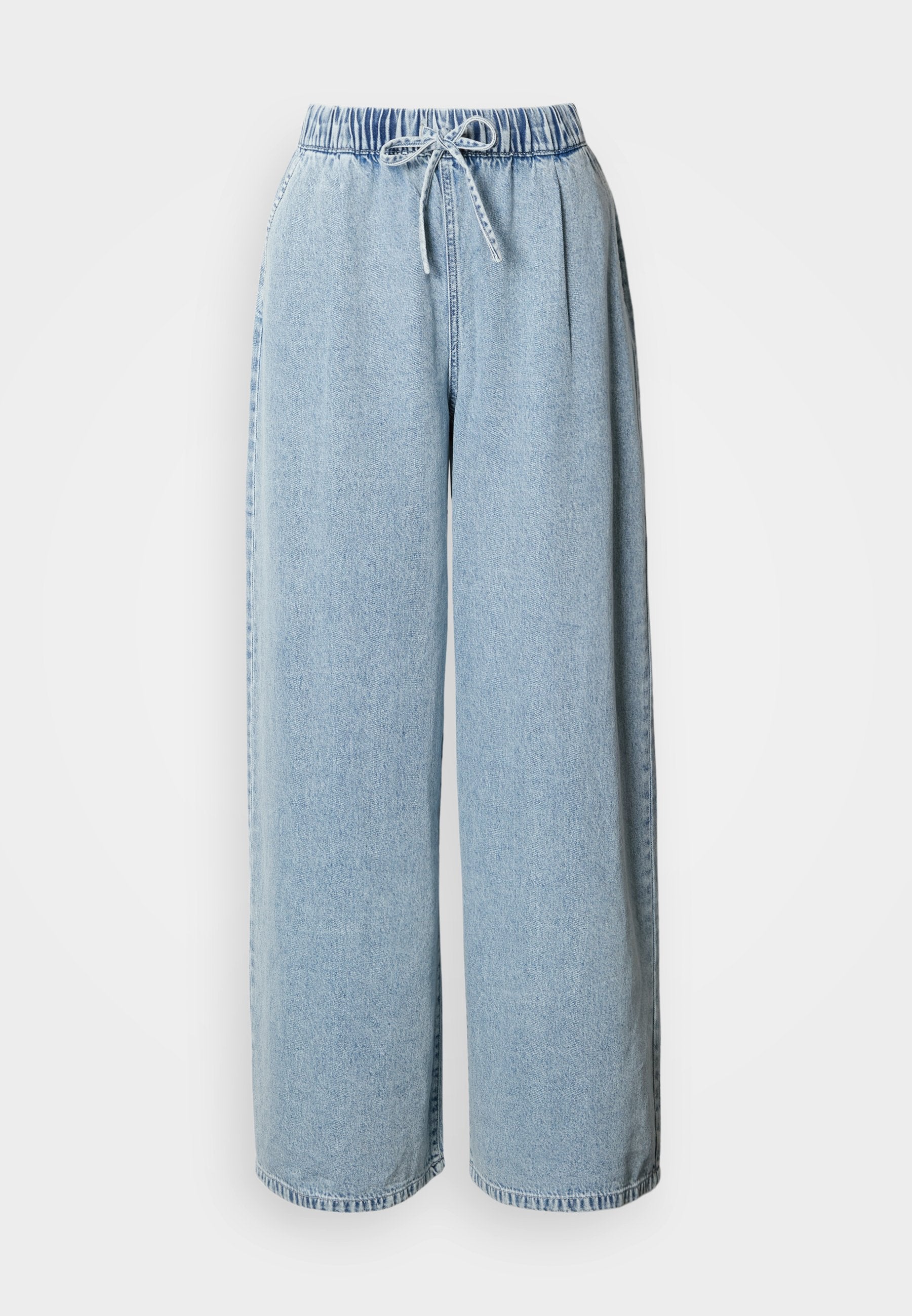 Hellblaue, weite Denim-Hosen mit elastischem Bund und Kordelzug; zwei seitliche Taschen und saubere Abschlüsse am Saum.