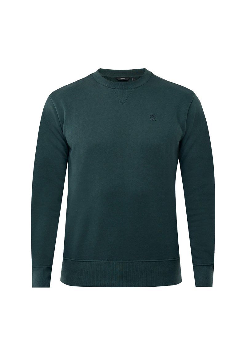 Dunkelgrüner Langarm-Sweatshirt mit Rundhalsausschnitt, gerippten Bouquets und Saum, kleiner gestickter Logo auf der linken Brust.