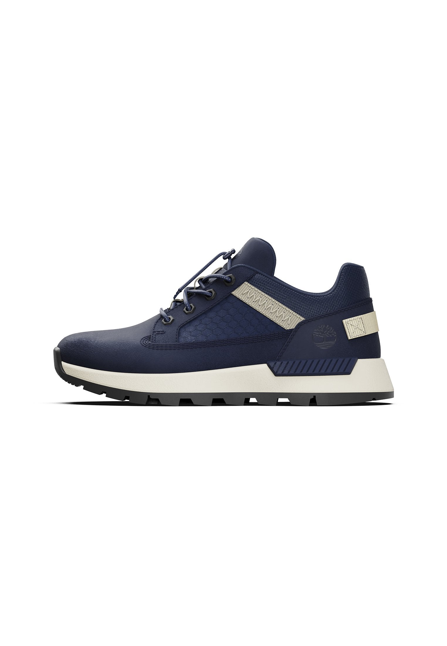 Marineblaue Sneaker aus strukturiertem Material, mit hexagonalen Mustern, grauen Details an der Seite und einer robusten schwarzen Außensohle für besseren Halt.