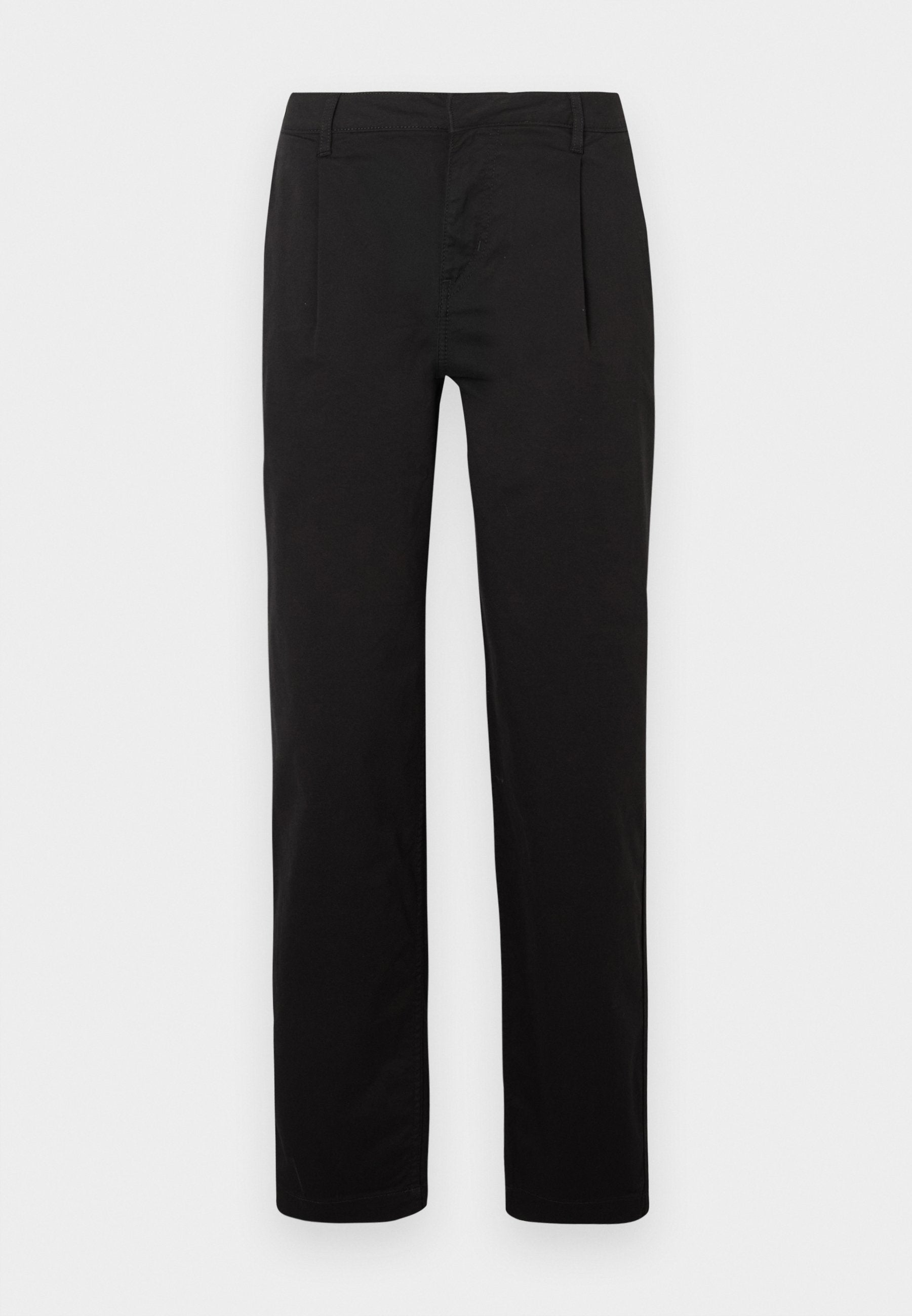 Schwarze Hose mit geradem Bein, glatter Textur, vorderen Falten und normalem Bund. Keine auffälligen Muster oder Verzierungen.
