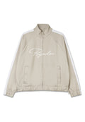 Beige Zip-Jacke mit weißen Akzenten, hochschließender Kragen, elastische Bündchen, Kordelzug am Saum und "Pegador"-Logo auf der Vorderseite.