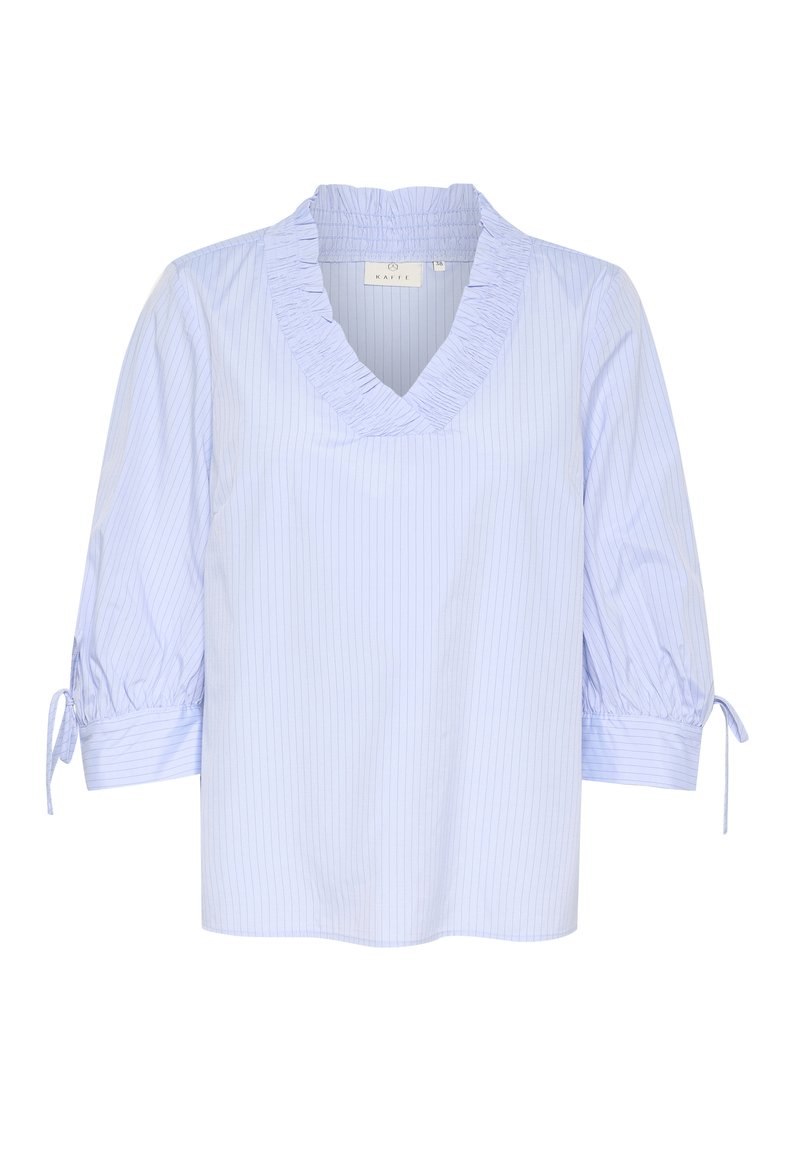Helles blaues Blusenshirt mit vertikalen Streifen, gerafftem V-Ausschnitt und dreiviertellangen Puffärmeln mit Kordelzügen. Weicher Stoff und lockere Passform.