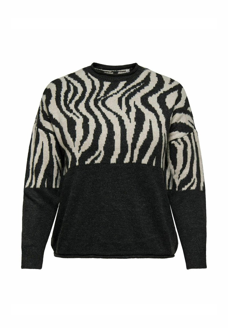 Schwarzer und cremefarbener Pullover mit einem Zebramuster im oberen Bereich und einem durchgehend schwarzen unteren Abschnitt. Hergestellt aus einem weichen Strickmaterial.