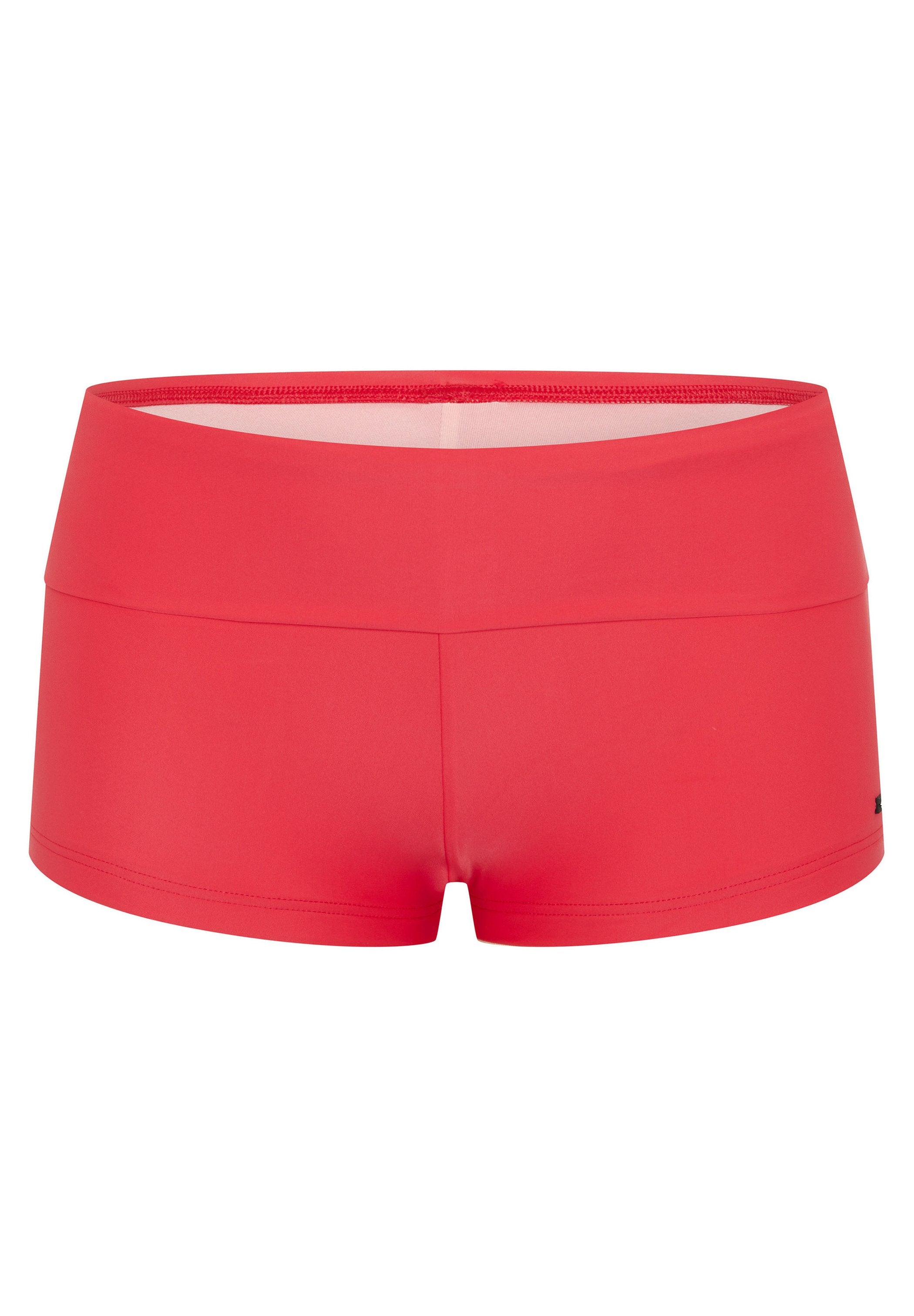 Rote sportliche Shorts mit hohem Bund. Aus dehnbarem Material, mit glatter Textur und enganliegendem Design. Keine sichtbaren Muster oder Teile.