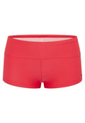 Rote sportliche Shorts mit hohem Bund. Aus dehnbarem Material, mit glatter Textur und enganliegendem Design. Keine sichtbaren Muster oder Teile.