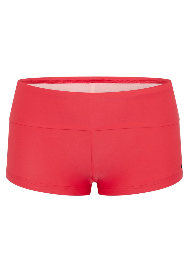 Rote sportliche Shorts mit hohem Bund. Aus dehnbarem Material, mit glatter Textur und enganliegendem Design. Keine sichtbaren Muster oder Teile.