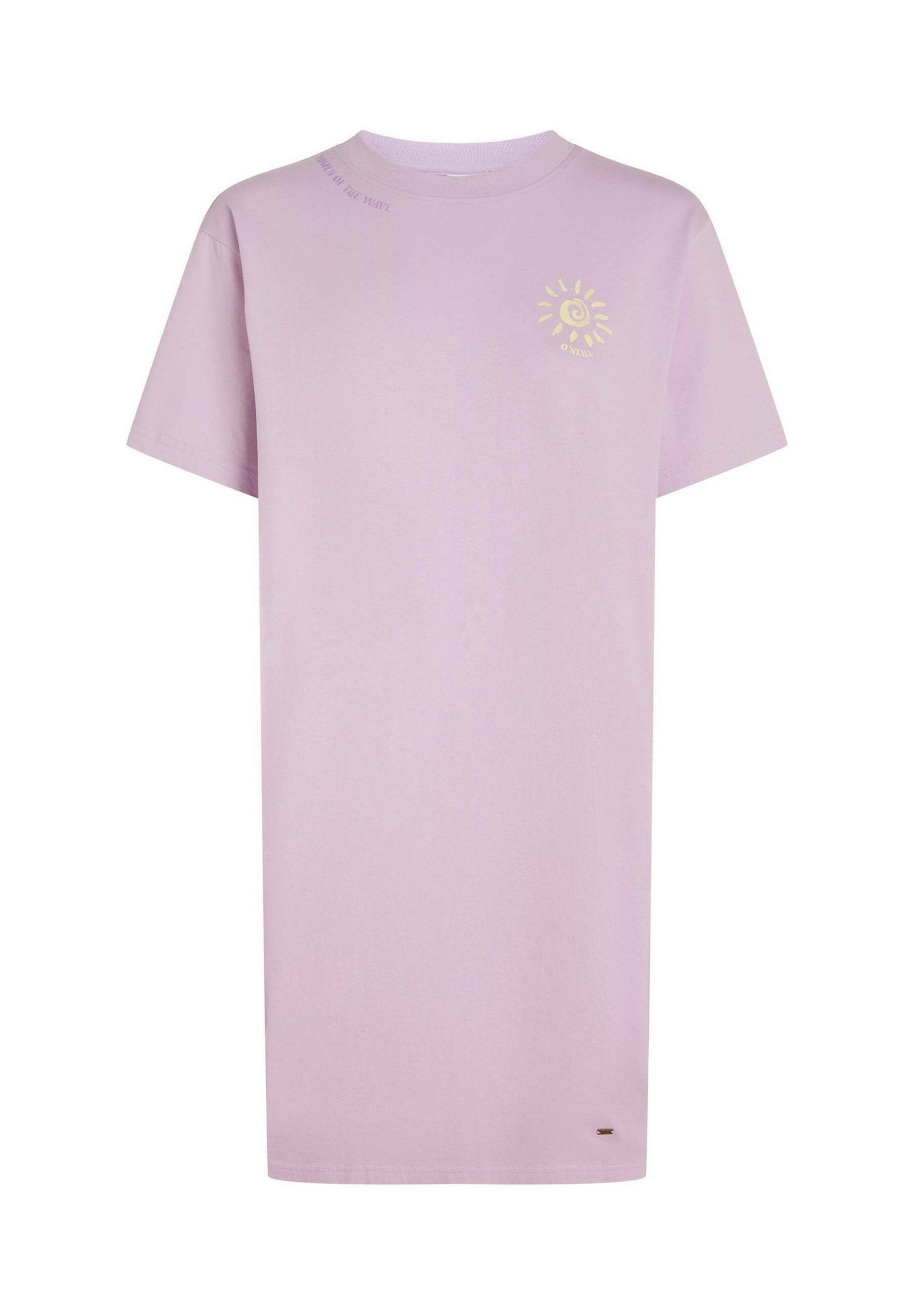 Hellviolettes Baumwoll-T-Shirt mit rundem Ausschnitt, kurzen Ärmeln und einem gelben Sonnenmotiv auf der linken Brust. Etikett am Saum.