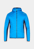 Blauer Stepp-Kapuzenmantel mit Frontreißverschluss, zwei seitlichen Reißverschlusstaschen und dunklen Seitenteilen, vor neutralem Hintergrund gezeigt.