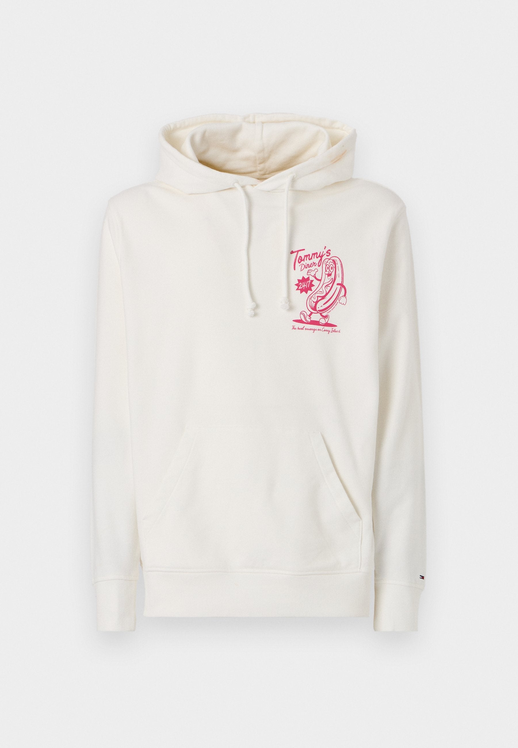 Cremfarbener Hoodie aus weichem Material, mit einer Kängurutasche und einem pinkfarbenen Grafikdesign mit Text auf der Vorderseite. Mit Kordelzügen an der Kapuze.