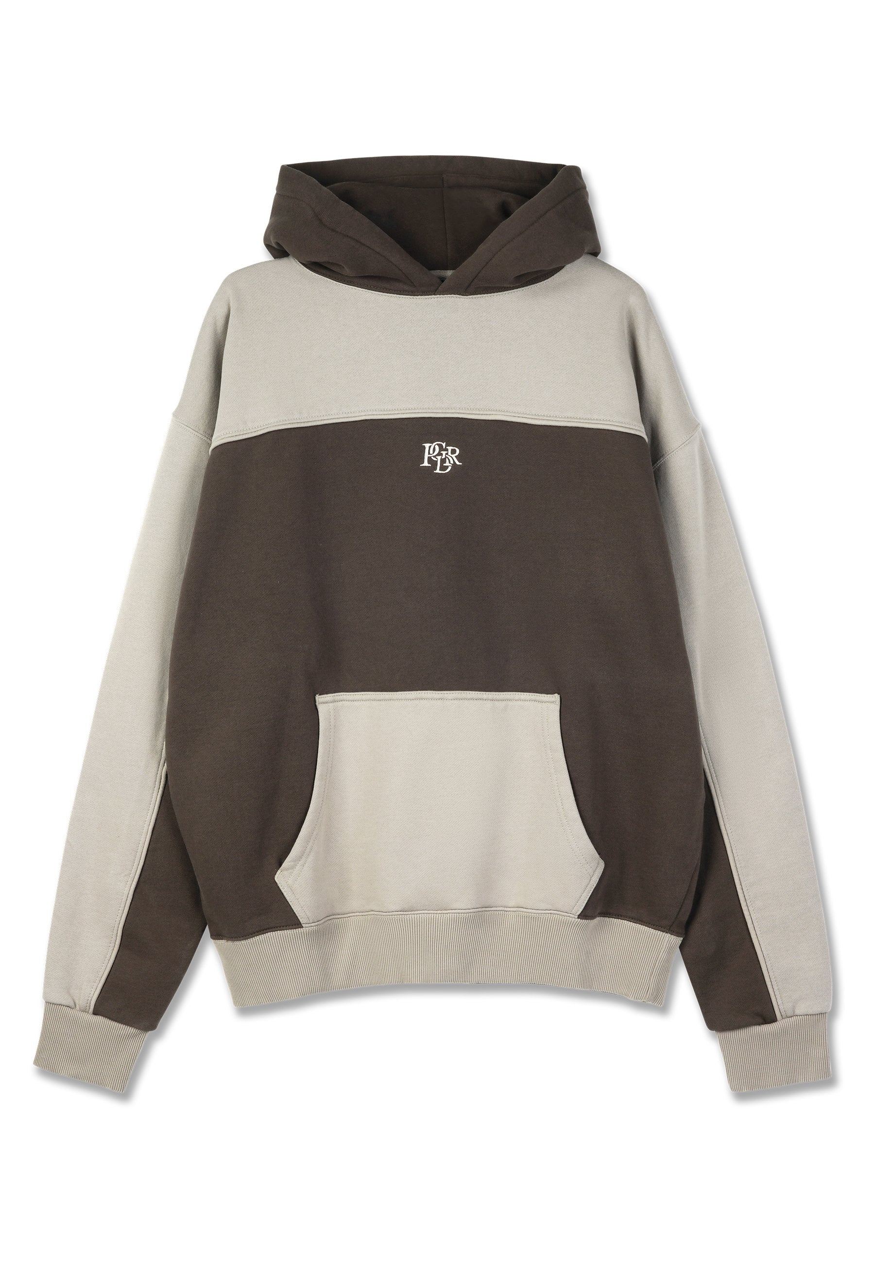 Kapuzensweatshirt mit einem Farbschnitt-Design, das braune und cremefarbene Einsätze aufweist. Enthält eine Fronttasche sowie einen gerippten Saum und Bündchen.