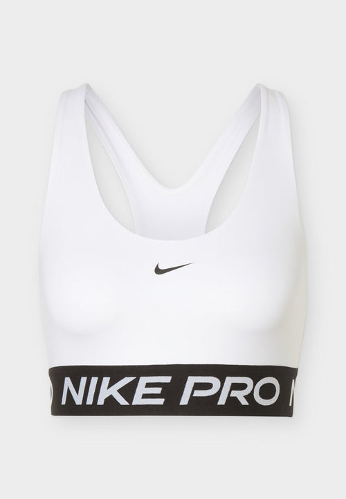 Weißer Nike Sport-BH mit Racerback-Design und schwarzem elastischem Band mit der Aufschrift „NIKE PRO“ in weißen Buchstaben.