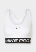 Weißer Nike Sport-BH mit Racerback-Design und schwarzem elastischem Band mit der Aufschrift „NIKE PRO“ in weißen Buchstaben.