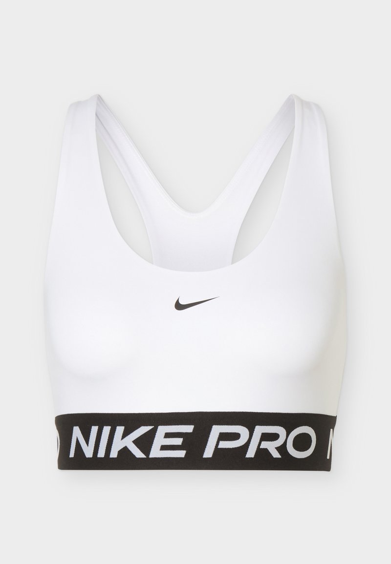 Weißer Nike Sport-BH mit Racerback-Design und schwarzem elastischem Band mit der Aufschrift „NIKE PRO“ in weißen Buchstaben.
