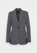 Grauer Blazer aus strukturiertem Stoff, mit Reverskragen, einem Knopfverschluss, zwei vorderen Taschen und einer Brusttasche.