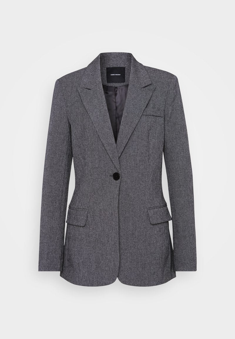 Grauer Blazer aus strukturiertem Stoff, mit Reverskragen, einem Knopfverschluss, zwei vorderen Taschen und einer Brusttasche.