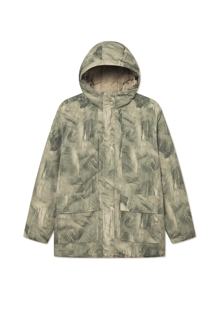 Leichte, gemusterte Jacke in gedämpften Grüntönen. Mit Kapuze, Druckknopfverschluss vorne und zwei großen Vordertaschen. Weicher Textur.