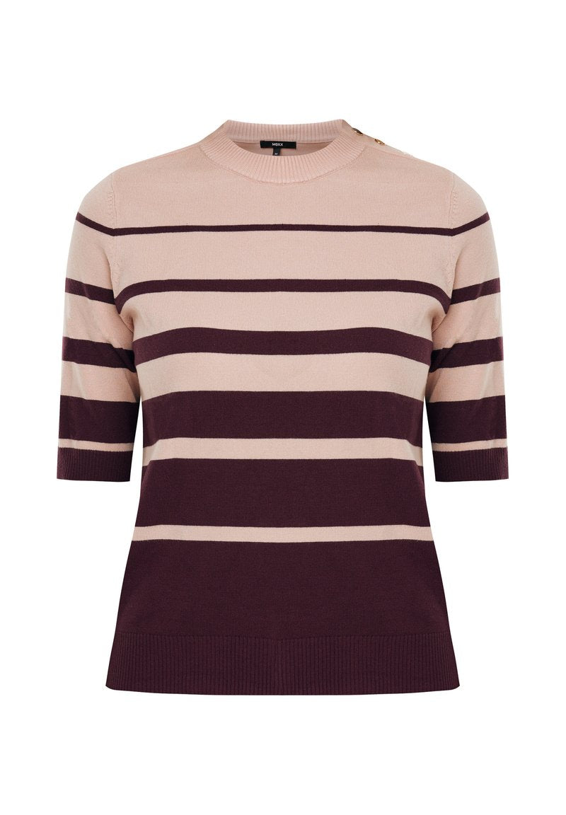 Helles rosa Kurzarm-Sweater mit tiefburgunderfarbenen horizontalen Streifen, Rundhalsausschnitt und geripptem Saum und Bündchen. Mit Knopfdetail an der Schulter.