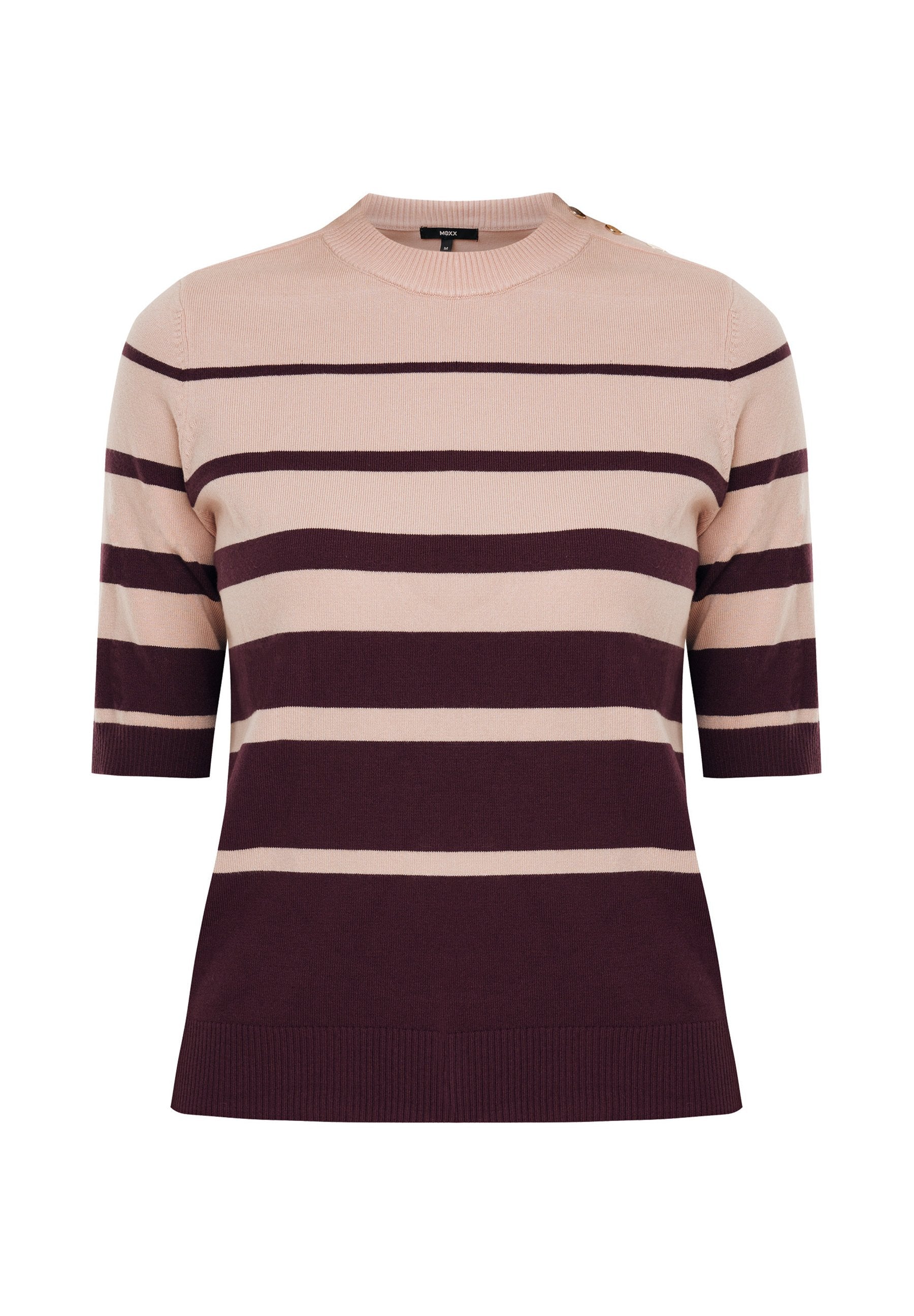 Helles rosa Kurzarm-Sweater mit tiefburgunderfarbenen horizontalen Streifen, Rundhalsausschnitt und geripptem Saum und Bündchen. Mit Knopfdetail an der Schulter.
