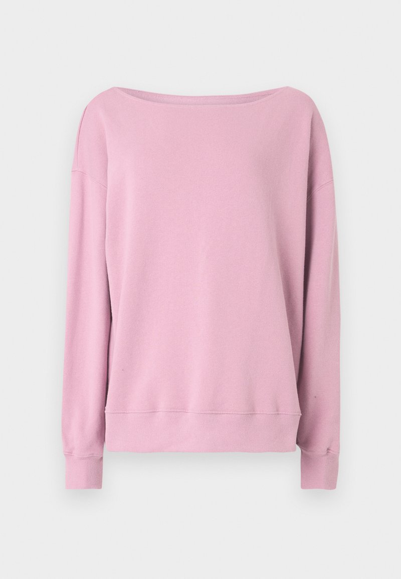 Rosa Sweatshirt mit langen Ärmeln, weitem Halsausschnitt, lockerer Passform, gerippten Bündchen und Saum. Hergestellt aus weichem, strukturiertem Stoff.