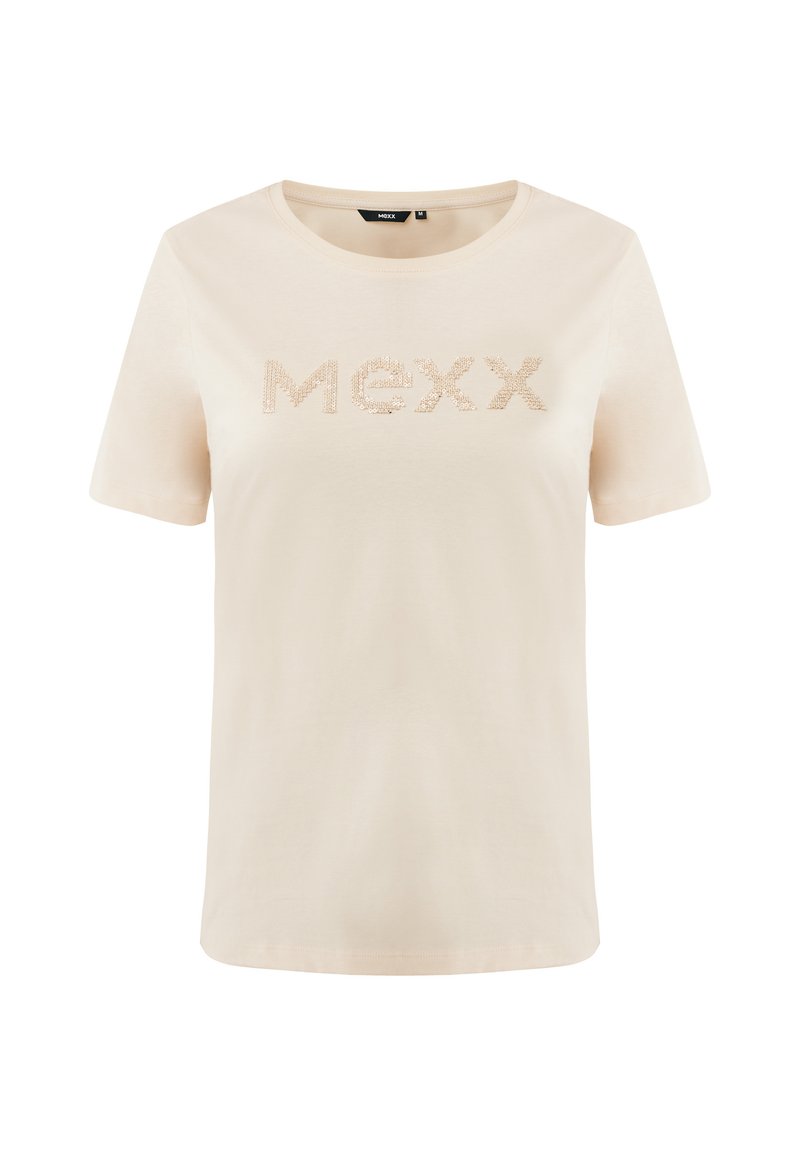 Beige Baumwoll-T-Shirt mit kurzen Ärmeln und rundem Ausschnitt. Merkmale das "MEXX"-Logo in metallischen Akzenten. Glatte Textur.