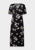 Langes schwarzes Kleid mit Puffärmeln, gemustert mit Blumen in Weiß und Orange. V-Ausschnitt mit gerafften Details an der Büste.
