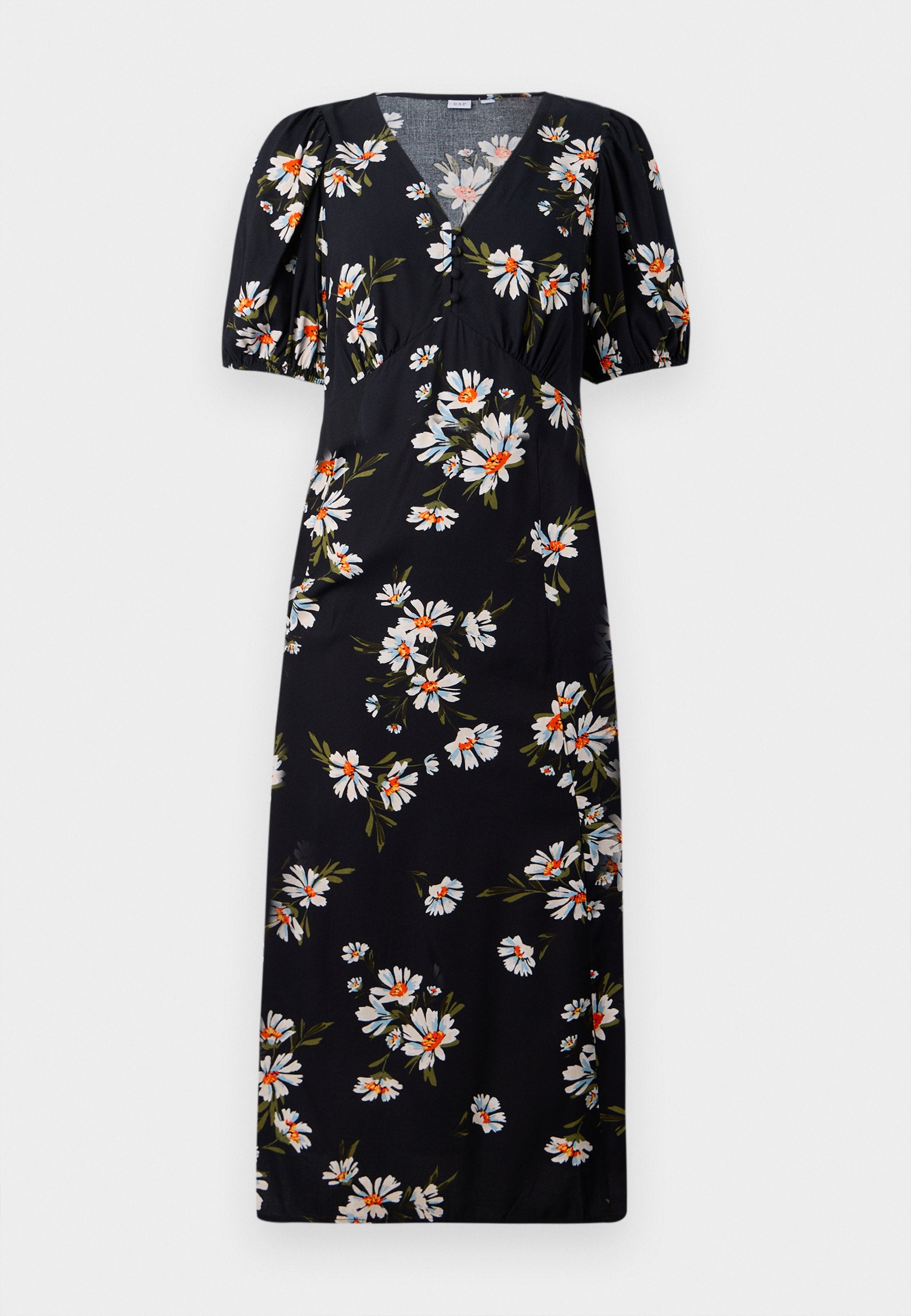 Langes schwarzes Kleid mit Puffärmeln, gemustert mit Blumen in Weiß und Orange. V-Ausschnitt mit gerafften Details an der Büste.